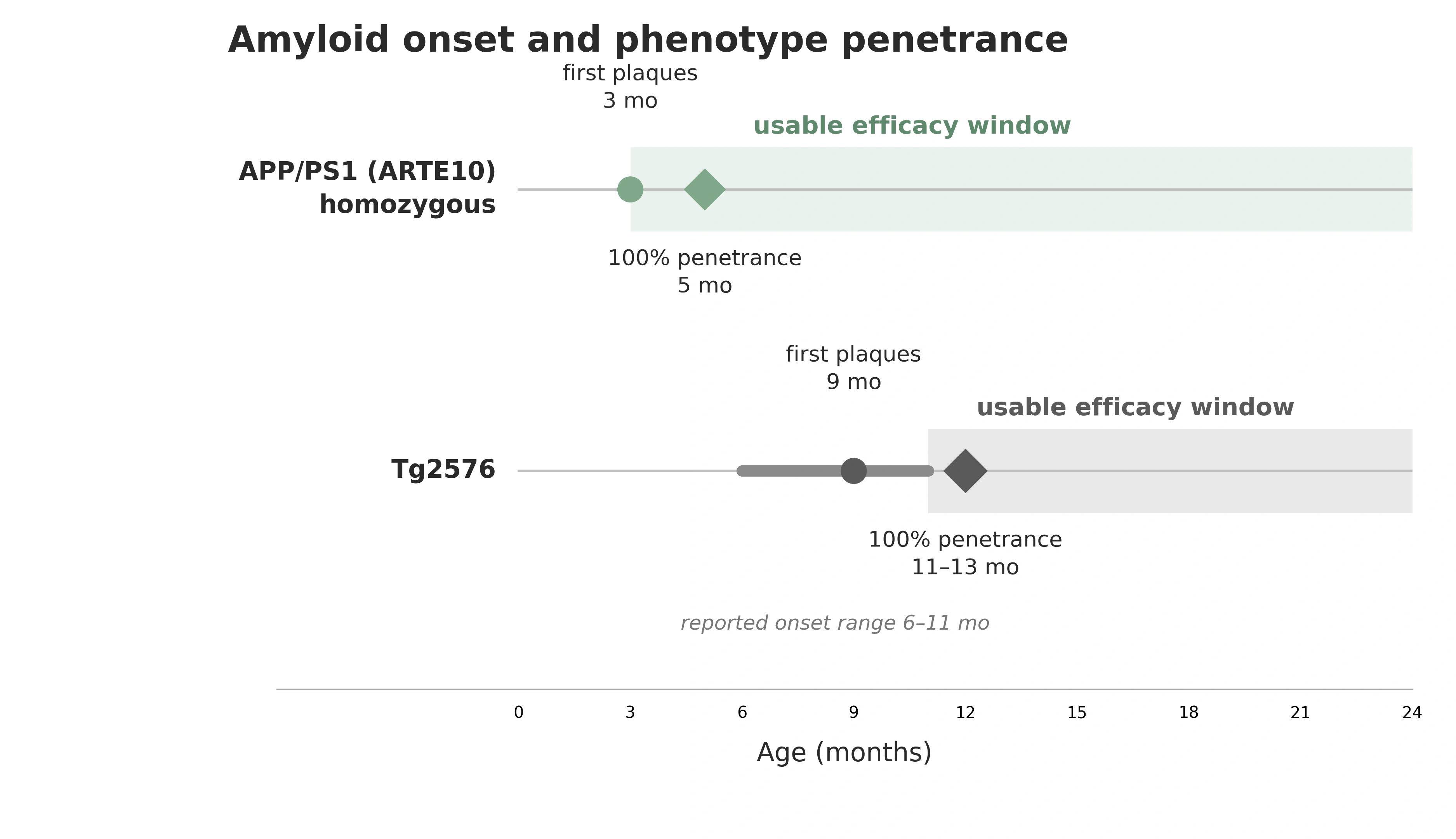 Timeline comparing amyloid plaque onset and phenotype penetrance in Tg2576 and homozygous APP/PS1 ARTE10 mice from birth to 24 months
