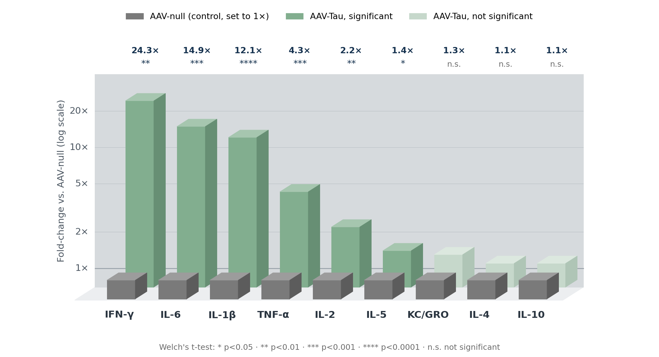 Midbrain cytokine and chemokine levels in AAV-Tau mice versus controls.