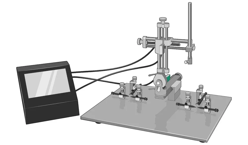 Un cadre stéréotaxique avec un moniteur connecté, probablement utilisé en neurosciences pour guider les injections dans des régions spécifiques du cerveau telles que le striatum et le cortex pour la recherche sur la MA.
