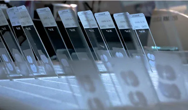 A close-up, angled view of microscope slides, each with a specimen spot and a label